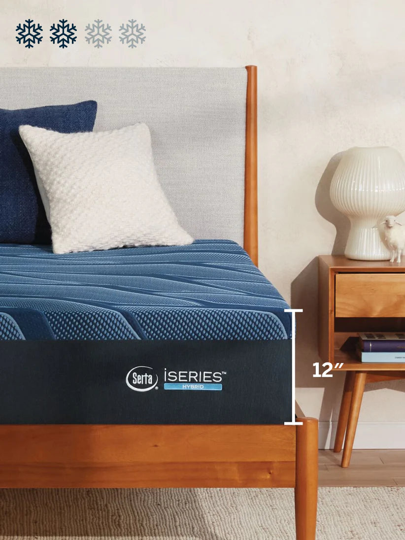 Close up image of the iSeries hybrid mattress Standard model with overlay graphic that depicts the mattress height of 12 inches and level 2 cooling.