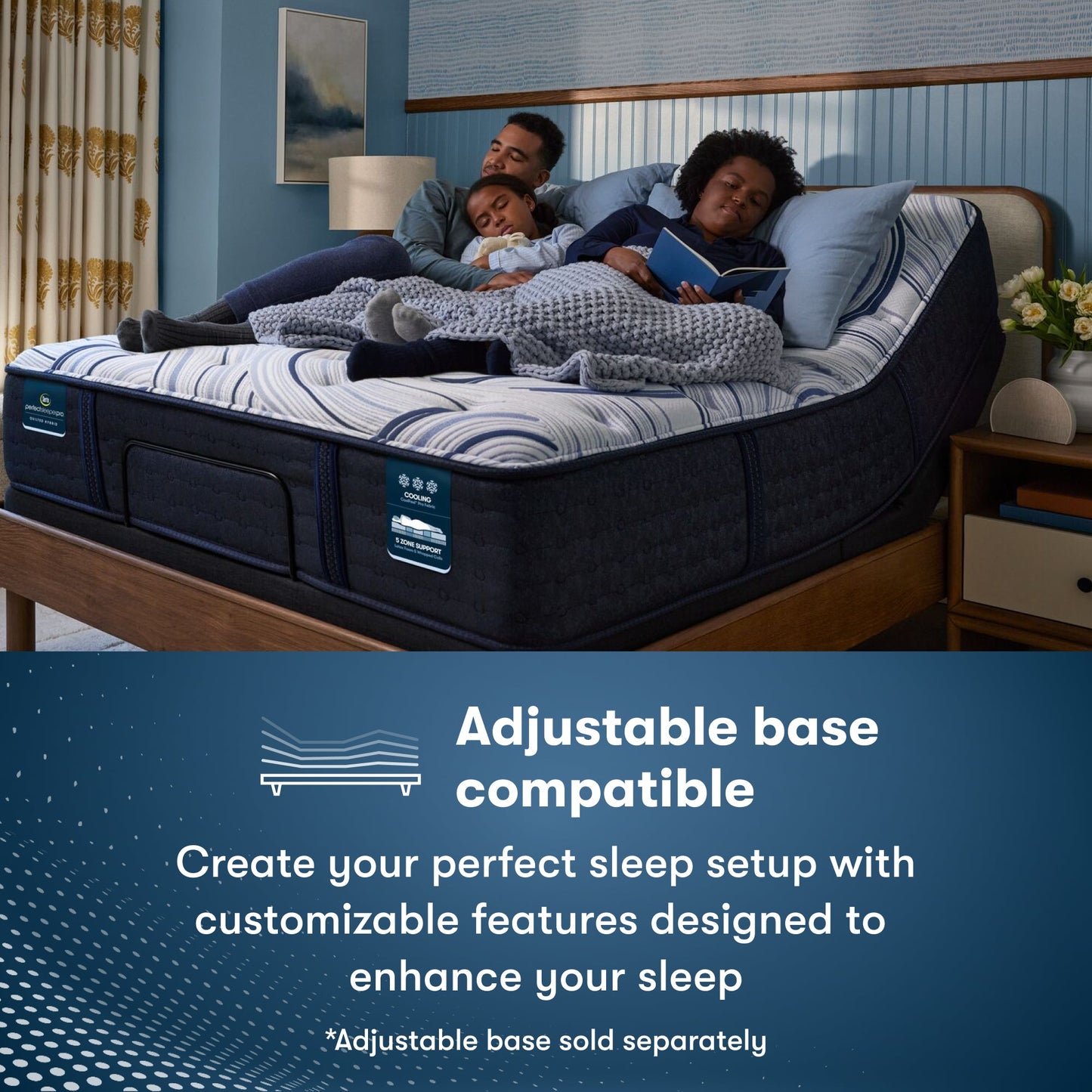 Family of 3, man on the left, daughter in the middle and son on the right, sitting on a Perfect Sleeper Pro Hampton Extra Firm Mattress that is sitting in an adjustable base || level: Level 1 || feel: Extra Firm