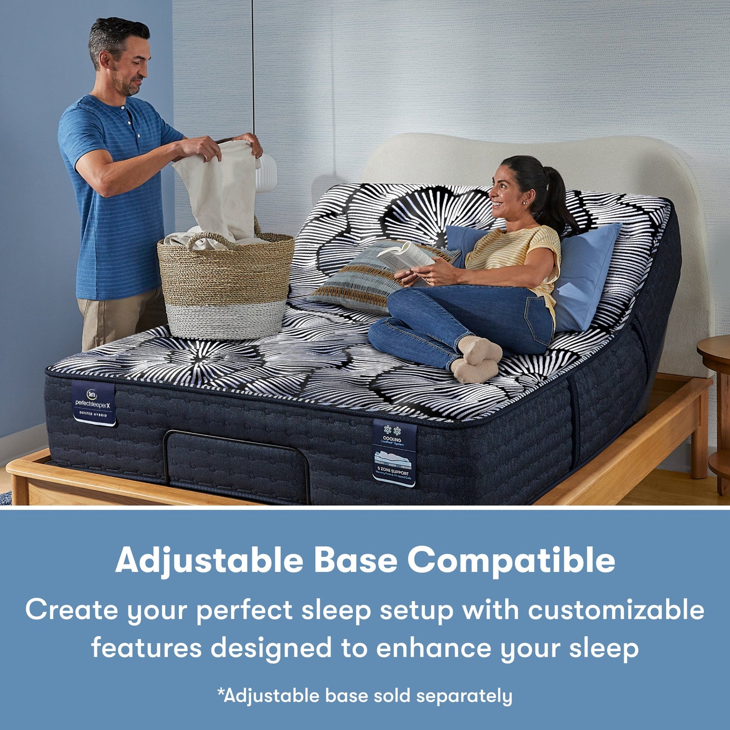 Man standing to the left of and a woman laying on a Perfect Sleeper X Quilted Hybrid Lexton Medium Pillow Top Mattress sitting in an adjustable base frame || feel: Medium Pillow Top || level: Level 1