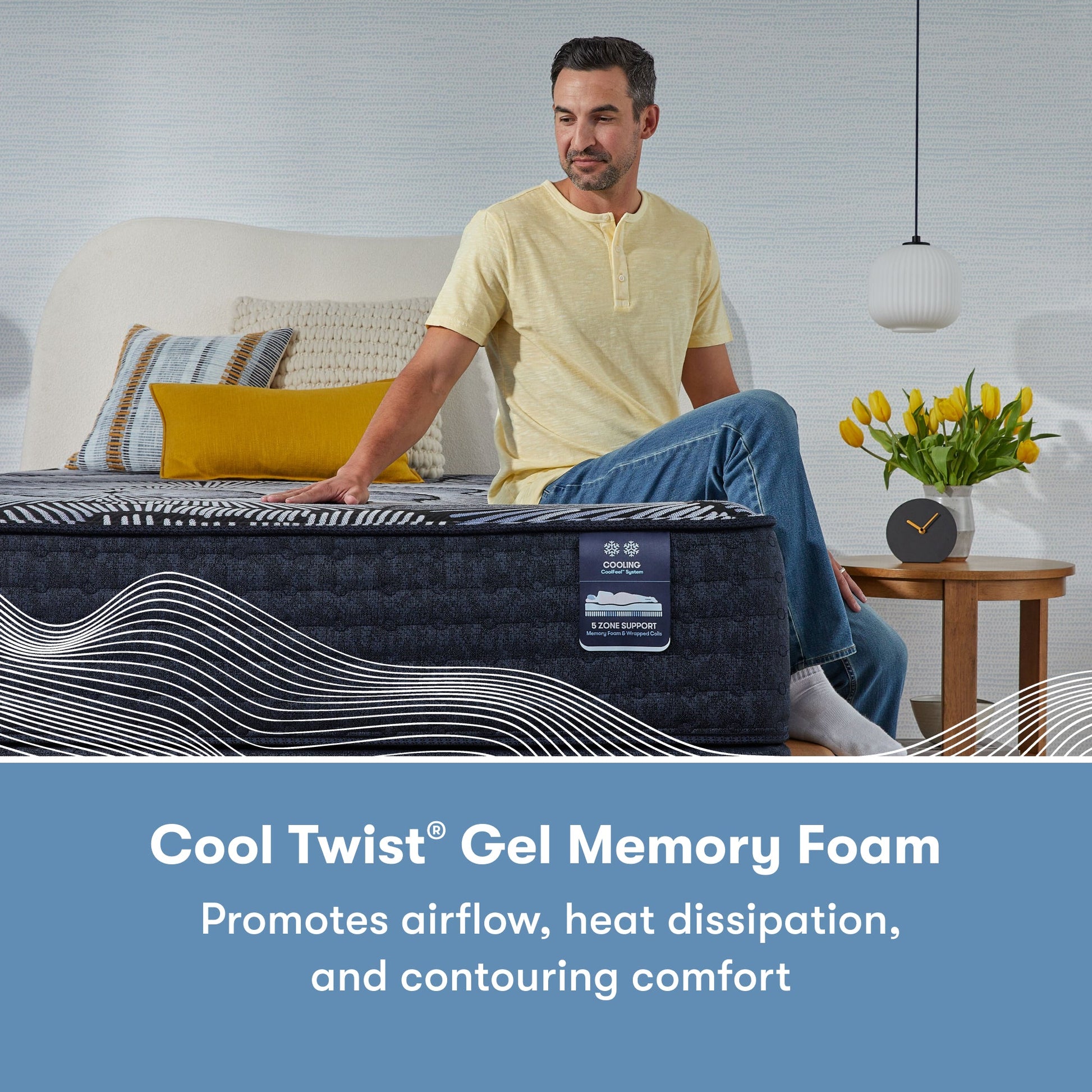 Man sitting on the right side of a Perfect Sleeper X Hybrid Prescot Medium Firm Mattress rubbing on the mattress || feel: Medium Firm || level: Level 2