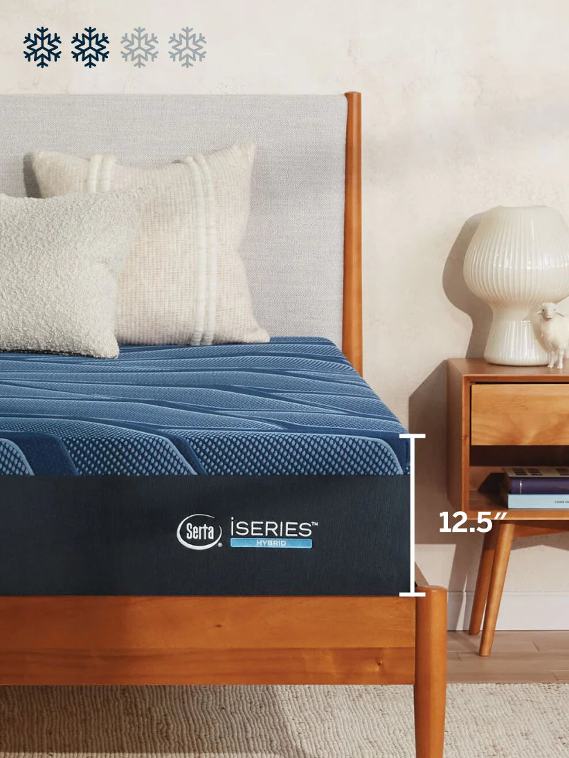 Close up image of the iSeries hybrid mattress Enhanced model with overlay graphic that depicts the mattress height of 12.5 inches and level 2 cooling.