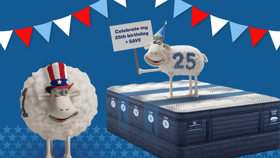 Image of the serta sheep with a presidents hat on and another serta sheep on top of a serta i comfort mattress holding a sign that states celebrate my 25th birthday and save