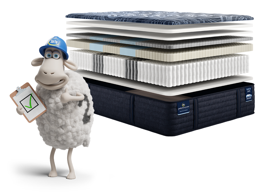 Serta’s mascot sheep wearing a blue helmet holds a clipboard with a checkmark next to an exploded view of a multi-layered mattress, symbolizing quality and innovation.