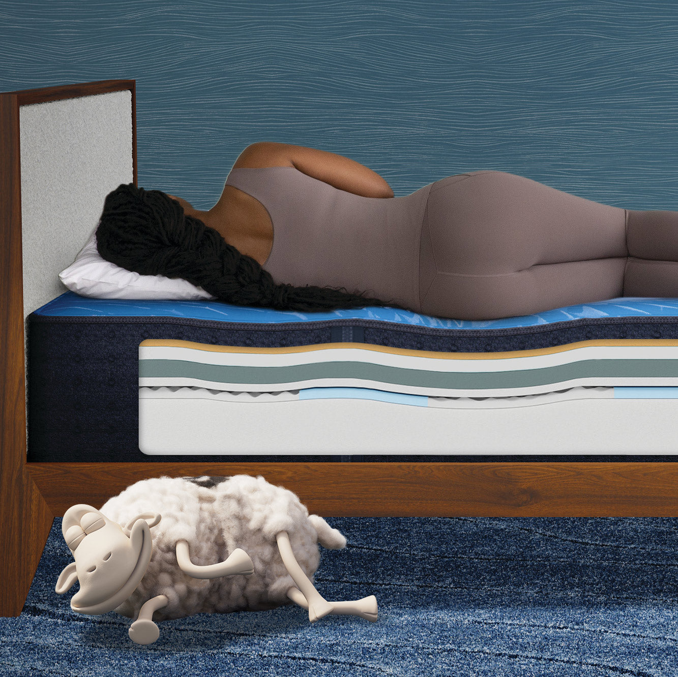 Woman sleeping on an all-foam mattress with a side cutout revealing its layered construction, while a Serta sheep sleeps on the floor.