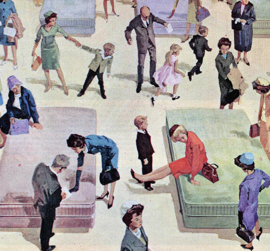 Vintage magazine illustration of a bustling mattress store with shoppers testing out beds