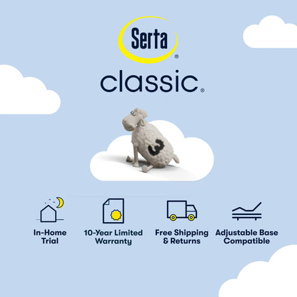 Serta Classic headline at the top of the image, a sheep sitting on its hind legs on a cloud, with mattress specs at the bottom of the image.