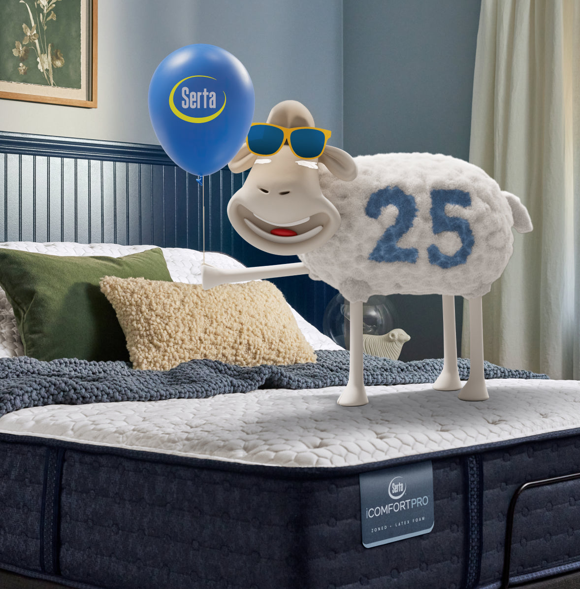 Serta Sheep standing on an iComfort Pro mattress holding a blue balloon with the Serta log on it