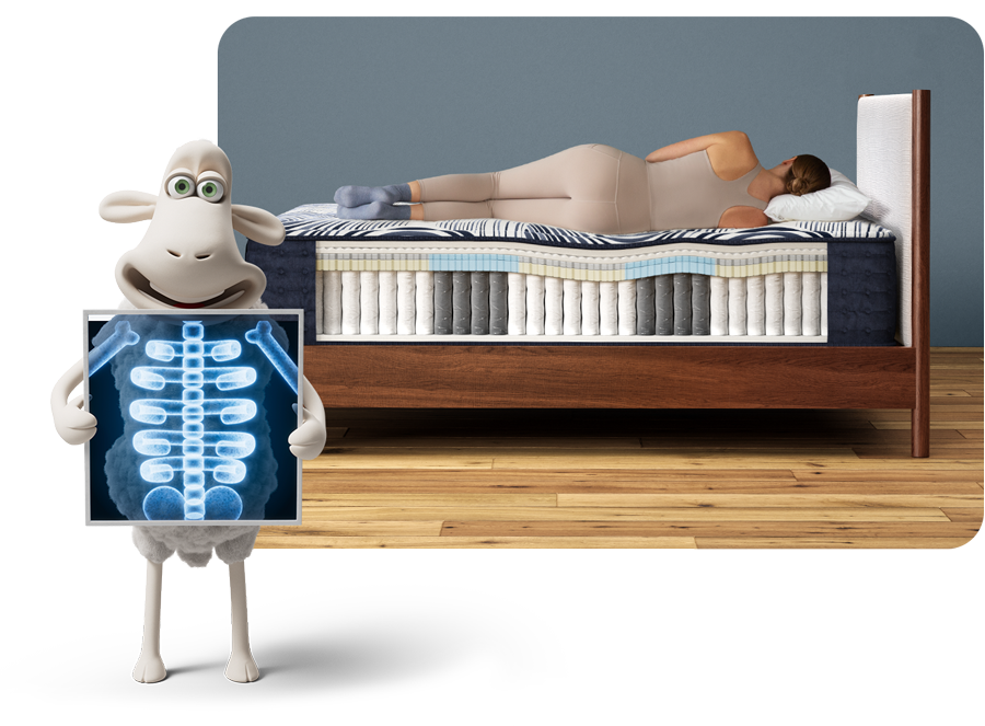 Illustration of Serta’s spinal alignment support, featuring a woman sleeping on a cutaway mattress showing its layers, while a Serta sheep holds an X-ray of a well-aligned spine.