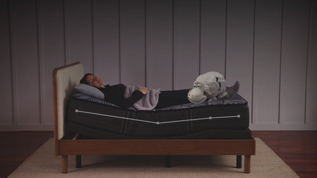 Video of a woman laying on an adjustable bed frame with a Serta sheep cuddling her at the foot of the bed. The woman has a quilted blanket and is resting her head on a pillow. 