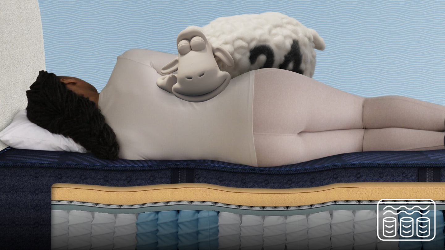 Woman laying on her side with a Serta sheep snuggled in on a Serta hybrid mattress that is cut away so you can see the layers of the bed 