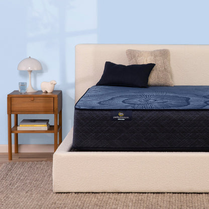 Serta Perfect Sleeper hybrid plush mattress on beige bed||feel: plush||level: enhanced